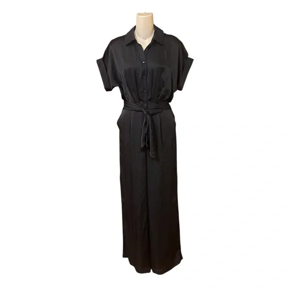 Steve Madden Tori Tie Waist‎ Wide Leg Satin Black Jumpsuit Size XS NWOT - Picture 5 of 16